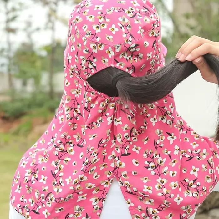 Chapeau de soleil floral pour femme avec masque de protection solaire intégré