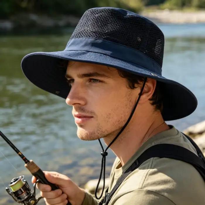 Chapeau de Pêche en Maille Polyester Anti-UV Casquette de Montagne Chapeau de Camping et de Randonnée à Large Bord Accessoires de Voyage pour le Soleil Occasions Spéciales Hommes