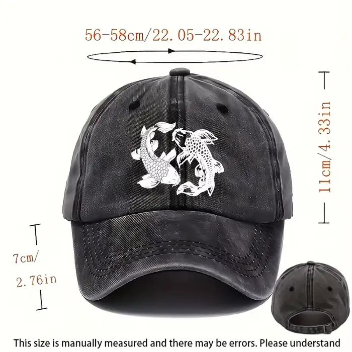 Casquette de baseball délavée à l'eau avec imprimé poisson Yin-Yang - Chapeau unisexe réglable avec symboles traditionnels chinois de poissons Koi