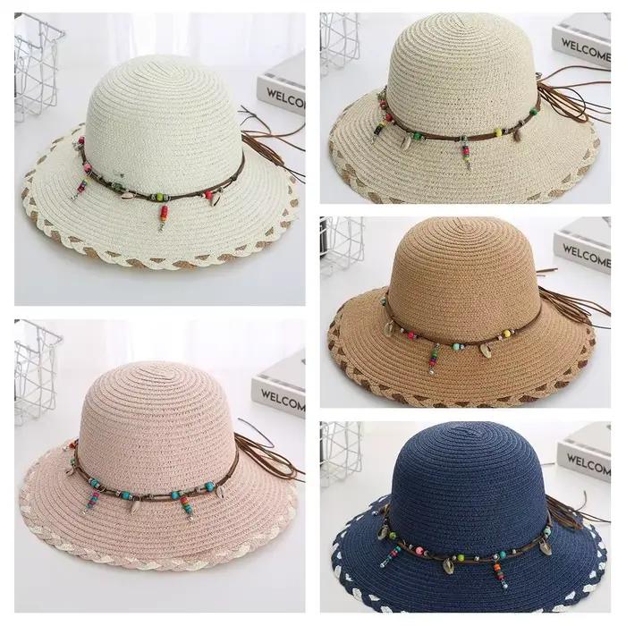 Chapeau de paille bohème style western avec lanière perlée bord large pliable pour femmes printemps été plage voyages chapeau de soleil