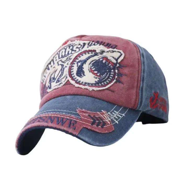 Chapeau Baseball en jean réglable confortable 39BB, broderie requin
