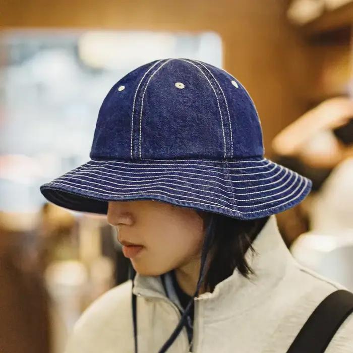 Maden Vintage Denim bleu seau chapeau large bord rond haut