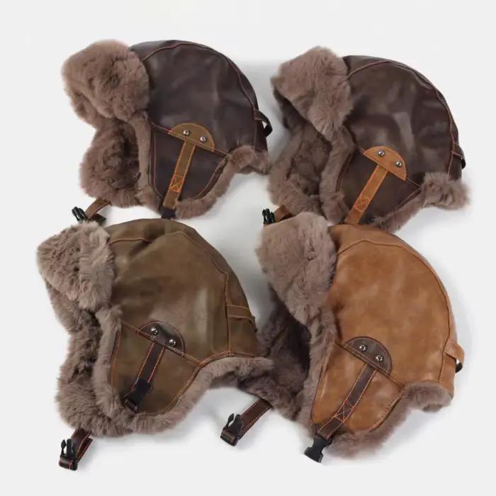 Chapeau d'hiver en faux fourrure et simili cuir style bomber pour homme et femme occassions hiver activités de plein air trappeur russe ushanka