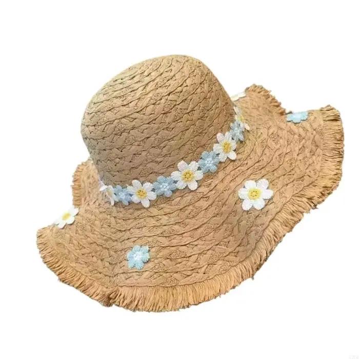 Chapeau paille à fleurs d'été large bord 15cm pour protection solaire et style unique pour enfants 7-13 ans occasions estivales