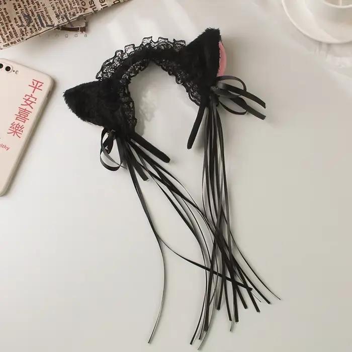 Femmes volants Sexy dentelle bandeau en peluche oreilles de chat ruban cloche Lolita Anime Cosplay cerceau de cheveux