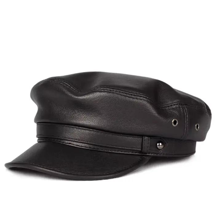 100% chapeau en cuir hommes femmes unisexe étudiants casquettes marine Homme Locomotive langue de canard haut plat Gorras gavroche mode coréenne Chapeu