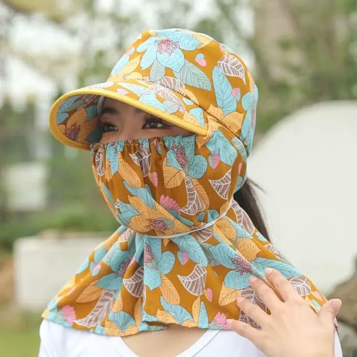 Chapeau de soleil floral pour femme avec masque de protection solaire intégré