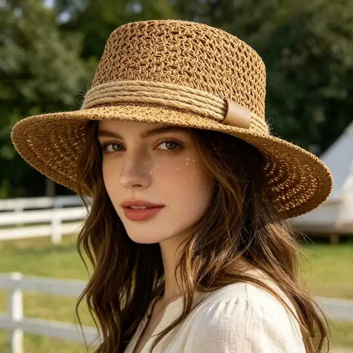 Chapeau de paille rétro coréen ajouré à dessus plat pour femme
