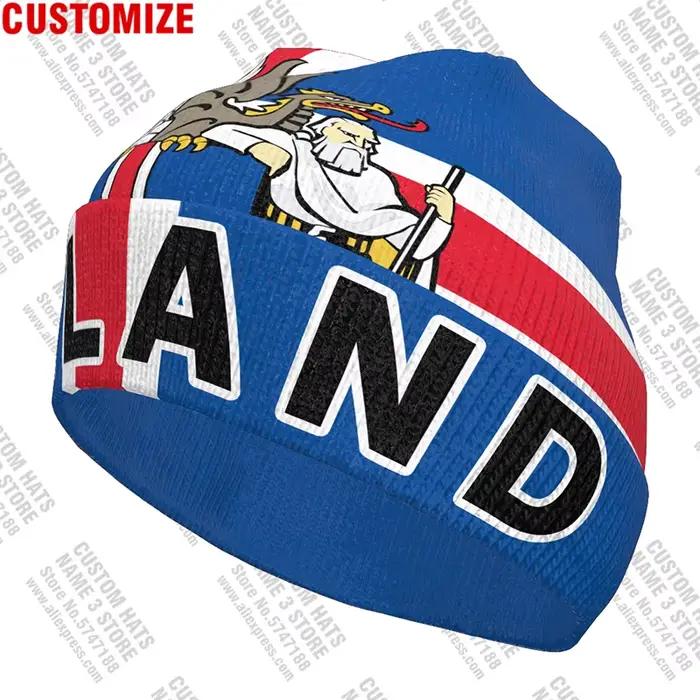 Chapeau tricoté 3D personnalisé gratuitement, nom, pull froid d'hiver, drapeau islande, tricot, casquette garde au chaud, bonnet Hip Hop