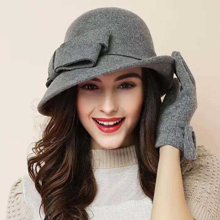 Chapeau d'hiver pour femmes des années 1920 Gatsby Style fleur chaud laine Fedora casquette
