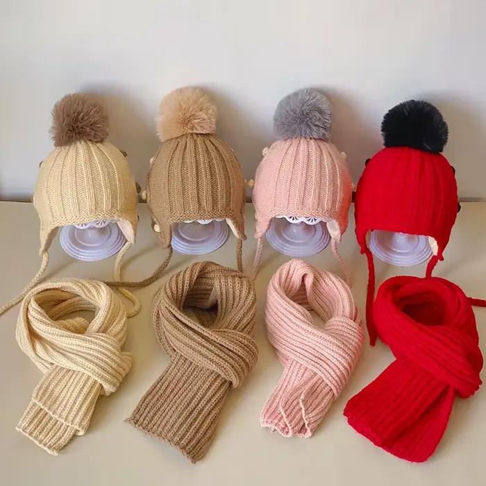 Coréen enfants écharpe chapeau ensembles automne hiver bébé chaud laine tricoté oreille Protection casquette enfant en