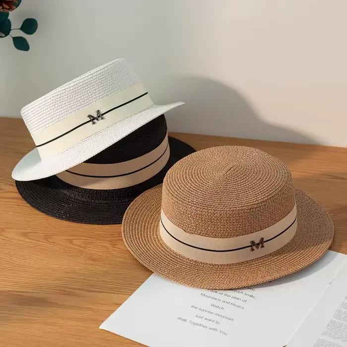 Nouvelles lettres brodées femmes chapeaux de paille Panama à large bord Jazz chapeau d'été dames