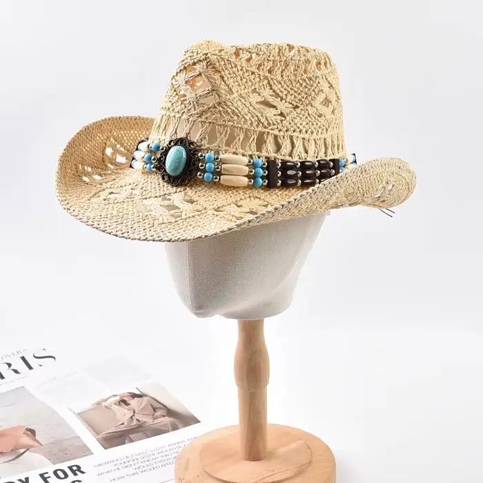 Chapeau de soleil en paille ajouré style bohème pour l'été