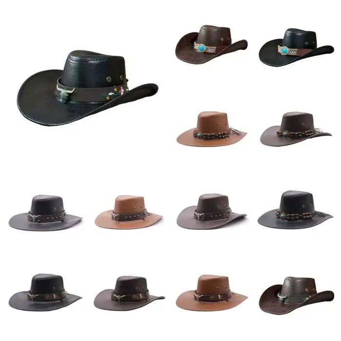 Chapeau de cowboy western en cuir PU tendance à large bord avec cordon de serrage