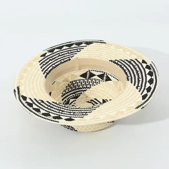 2025 Hot sales New Fashion Flat Top Color Block Straw Hat Elegant Beach Vacation Sun Hat Concave Shape Sun Shade Hat