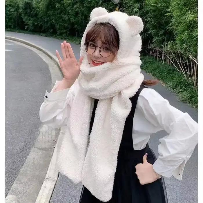 Hiver ours oreille Sherpa capuche chapeau écharpe gants 3 en 1