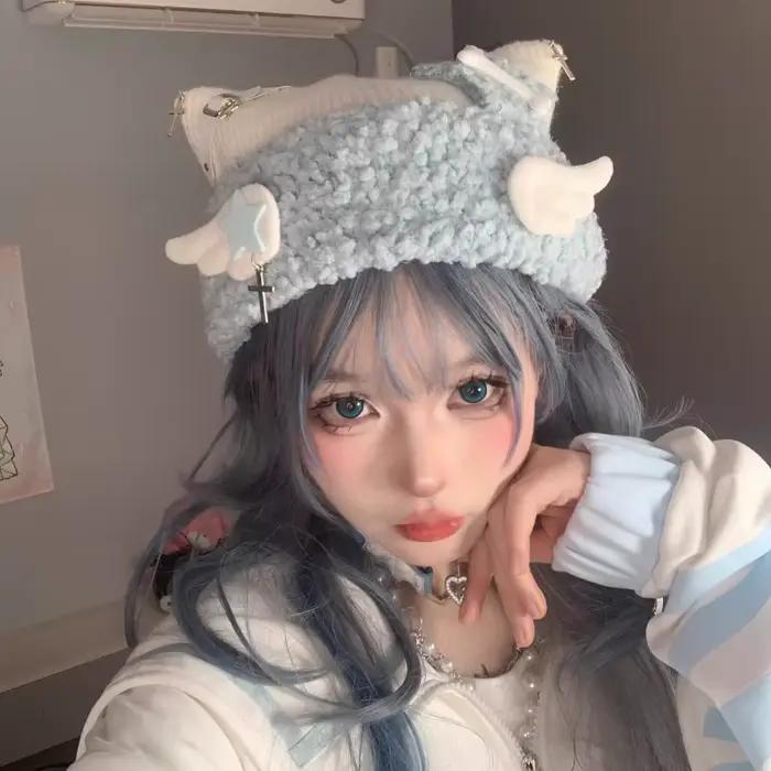 Chapeau d'oreille de chat bleu sous-culture avec croix pour femmes styles Harajuku et Lolita gothique automne hiver