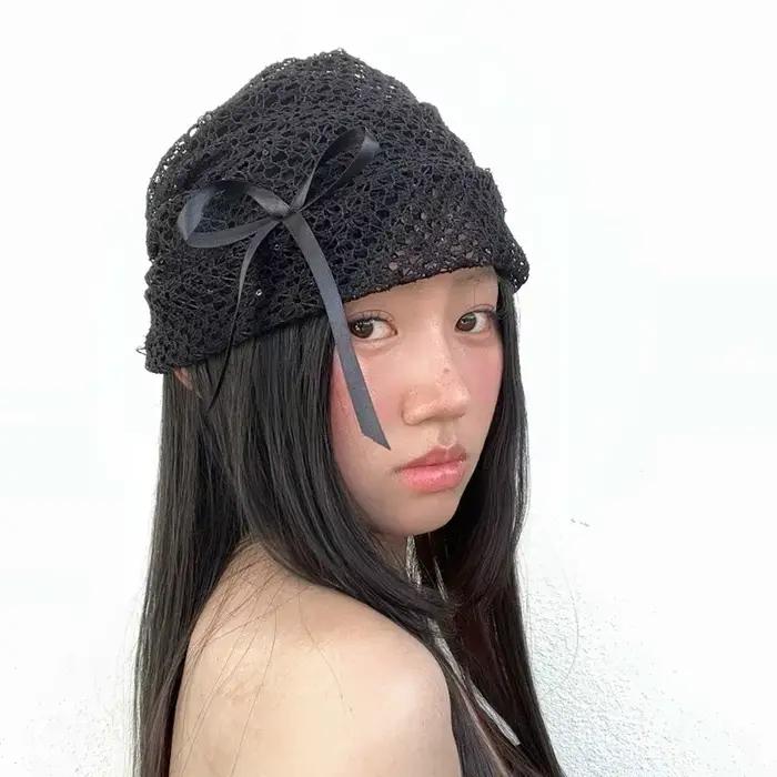Niche littéraire noir dentelle tricoté chapeaux pour femmes été décontracté polyvalent mode nœud conception creux respirant bonnets casquette