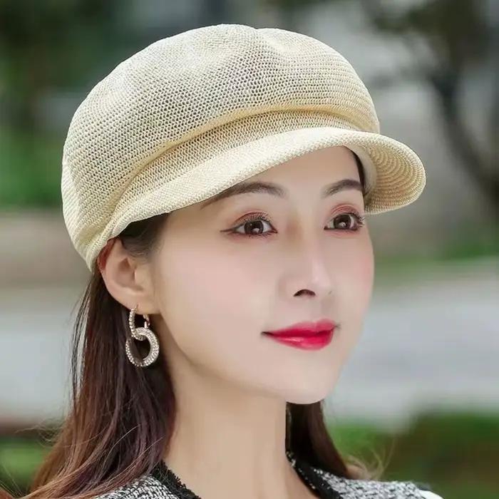 Élégante Casquette Octogonale en Paille Unie pour Femme
