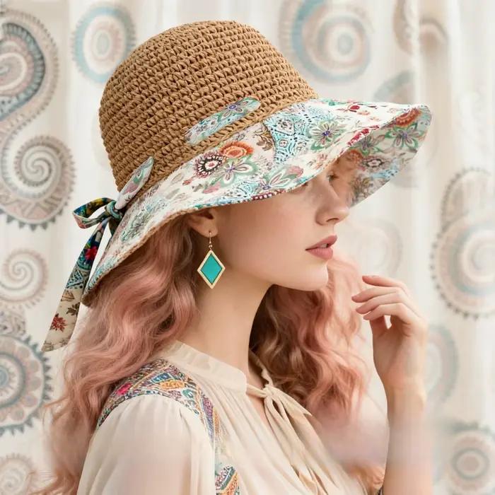 Chapeau de paille à fleurs à large bord de style bohème