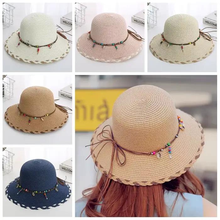 Chapeau de paille bohème style western avec lanière perlée bord large pliable pour femmes printemps été plage voyages chapeau de soleil