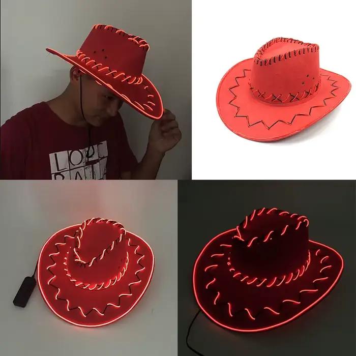 1 casquette de cowboy rouge lumineuse à fil EL pour adulte