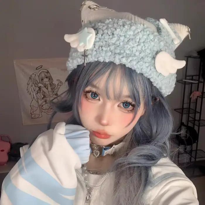 Chapeau d'oreille de chat bleu sous-culture avec croix pour femmes styles Harajuku et Lolita gothique automne hiver