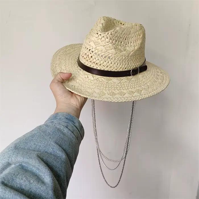 Chapeau seau en paille avec chaîne de perles