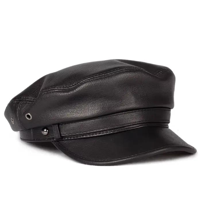 100% chapeau en cuir hommes femmes unisexe étudiants casquettes marine Homme Locomotive langue de canard haut plat Gorras gavroche mode coréenne Chapeu