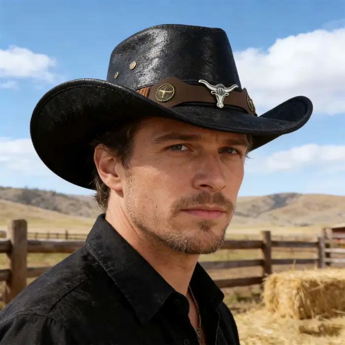 Chapeau de cowboy western avec boucle en corne de taureau