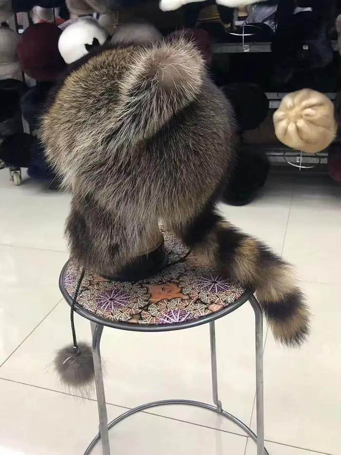 Chapeau Bombardier en Fourrure de Raton Laveur Naturelle pour Femme et Fille