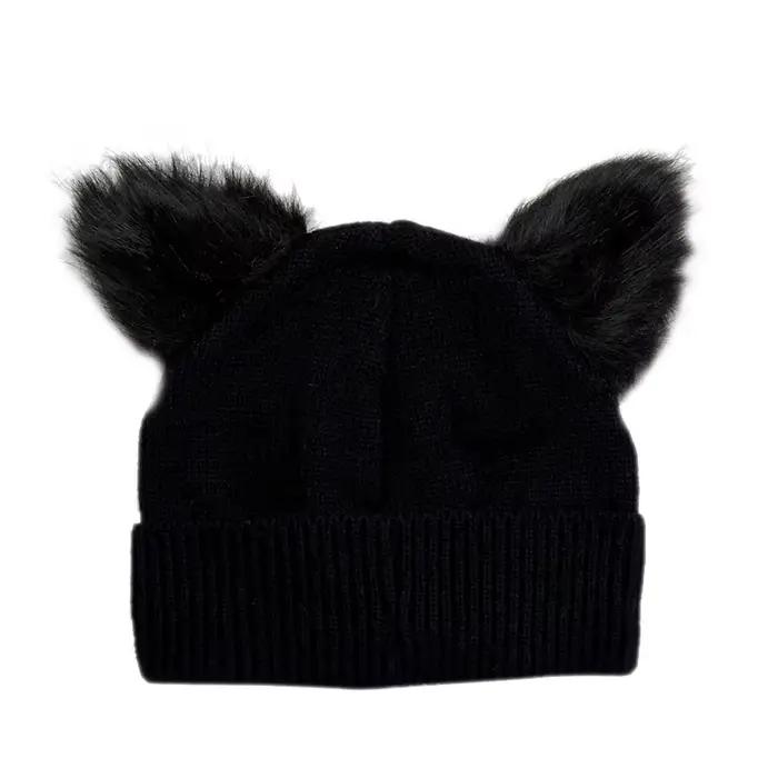 Chapeau d'hiver chaud pour femmes laine tricoté oreilles de chat Faux vison chapeaux Skullies fourrure pompon