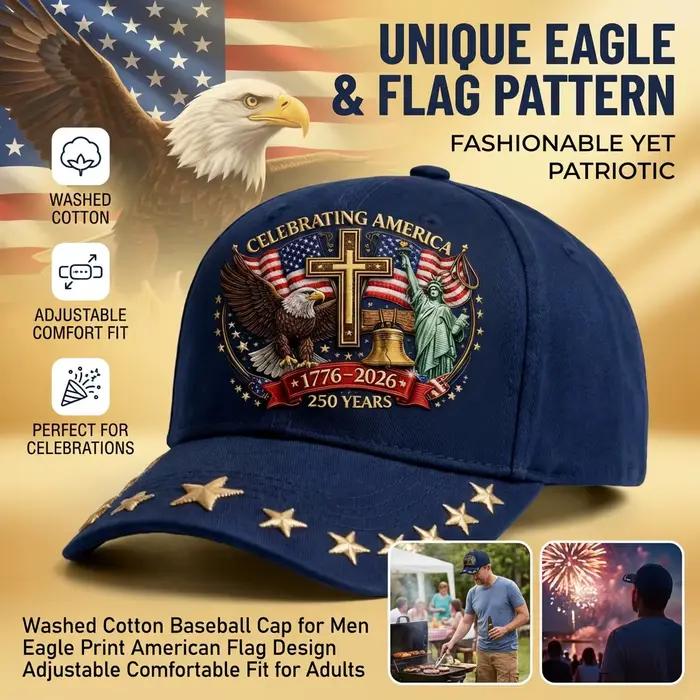 Casquette de baseball imprimée drapeau américain 1776-2026 ajustable en coton lavé pour hommes fierté patriotique plage extérieur sport occassions spéciales