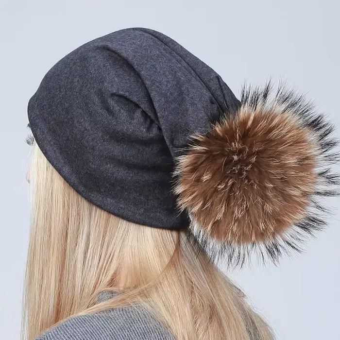 Geebro bonnet femme avec pompon printemps coton bonnets chapeaux avec fourrure de raton laveur