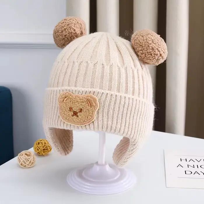 Chapeau de protection des oreilles d'ours en laine pour bébé mignon épaissi chaud version coréenne
