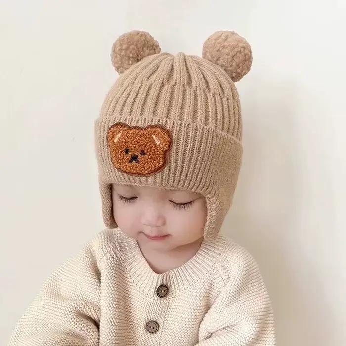 Chapeau de protection des oreilles d'ours en laine pour bébé mignon épaissi chaud version coréenne