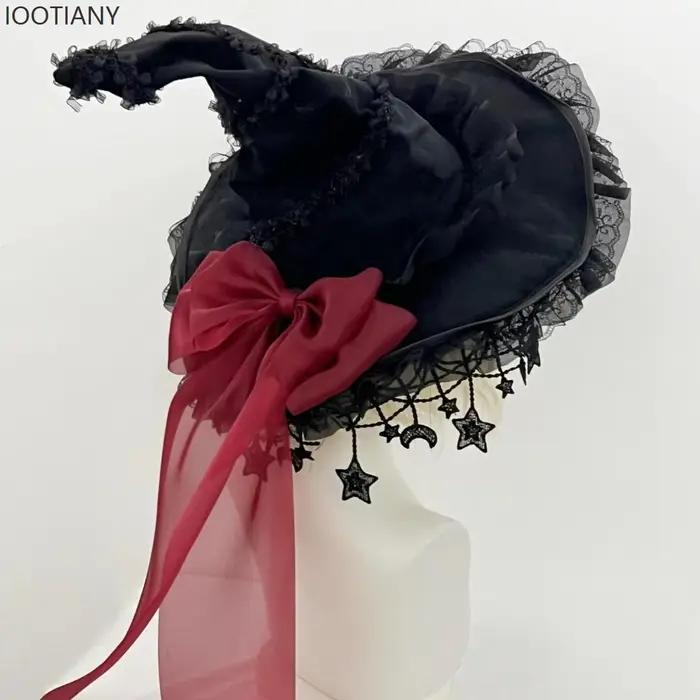 IOOTIANY Harajuku Halloween chapeau de sorcière pour femmes gothique à la main papillon perle gland dentelle Rose