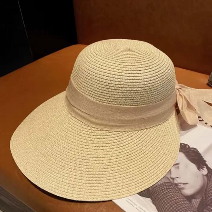 Chapeau de plage portable en paille tressée ajourée en polyester à large bord