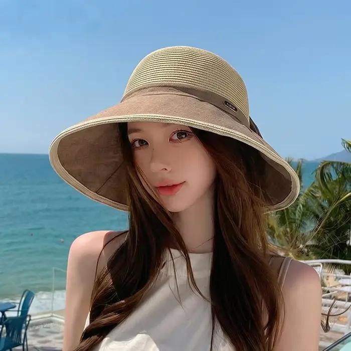 Chapeau de soleil en paille pour femme avec nœud