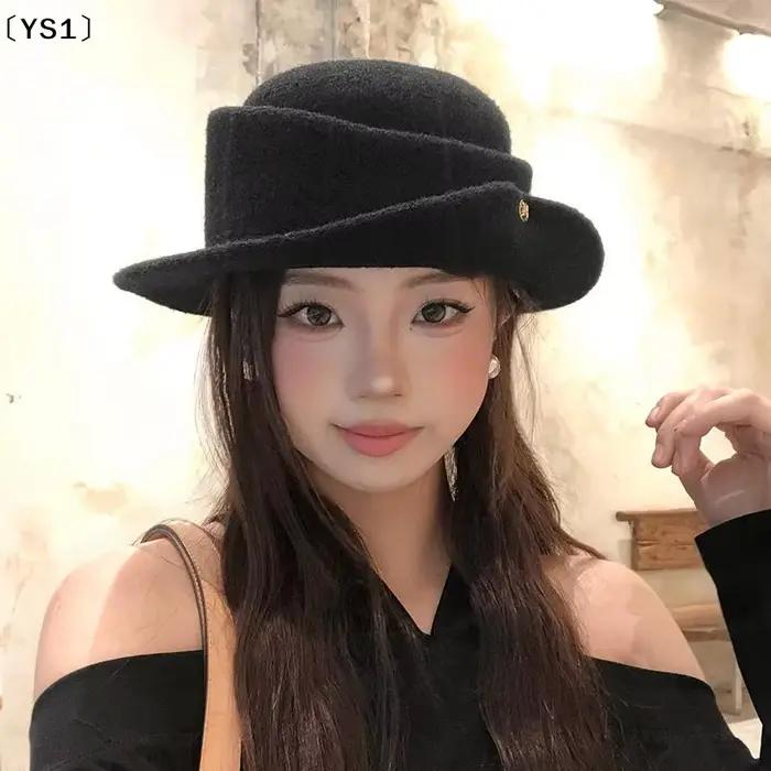 Chapeau de seau haut de forme noir élégant style Hepburn pour femme, accessoire de mode pour automne et hiver, chapeau en polyester pour extérieur