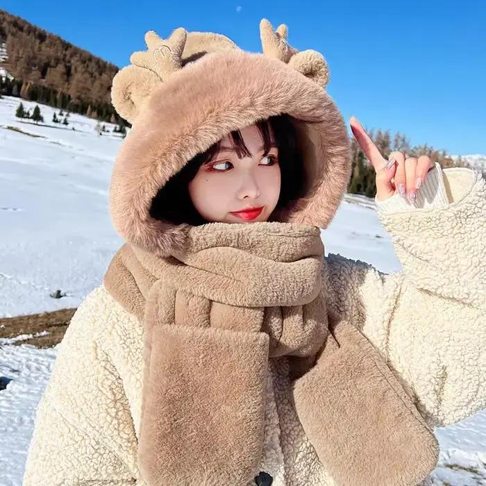Nouvelle mode écharpe chapeau gant femmes mignon grande oreille lapin bonnet hiver chaud doux épaississement poche