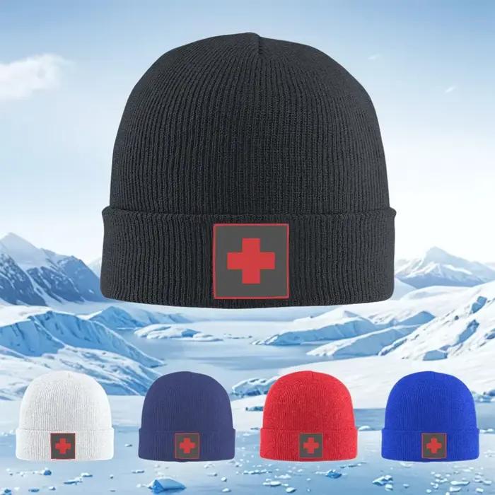 Nouveau bonnet tricoté unisexe avec symbole médical croix rouge