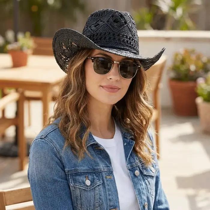 Chapeau de paille évidé vintage à large bord décoré de coquillages pour femmes, style sport, plage, voyage et occasions décontractées