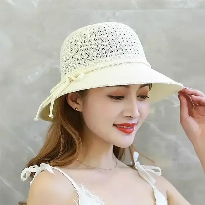 Chapeaux pour femmes été tressé plage chapeau de soleil couleur unie parasol dame visière 6cm bord