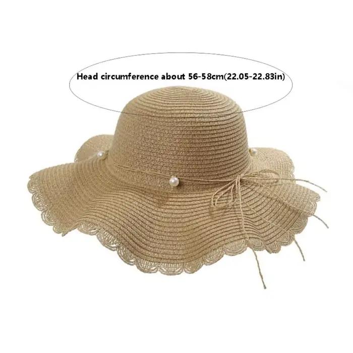 Chapeau de paille pliable à large bord avec perles style français pour femme protection solaire plage voyage occassions spéciales
