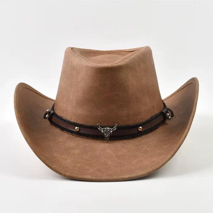 Nouveau 100% cuir hommes femmes Western Cowboy chapeau à large bord parrain chapeaux Gentleman église Sombrero Hombre Jazz casquette