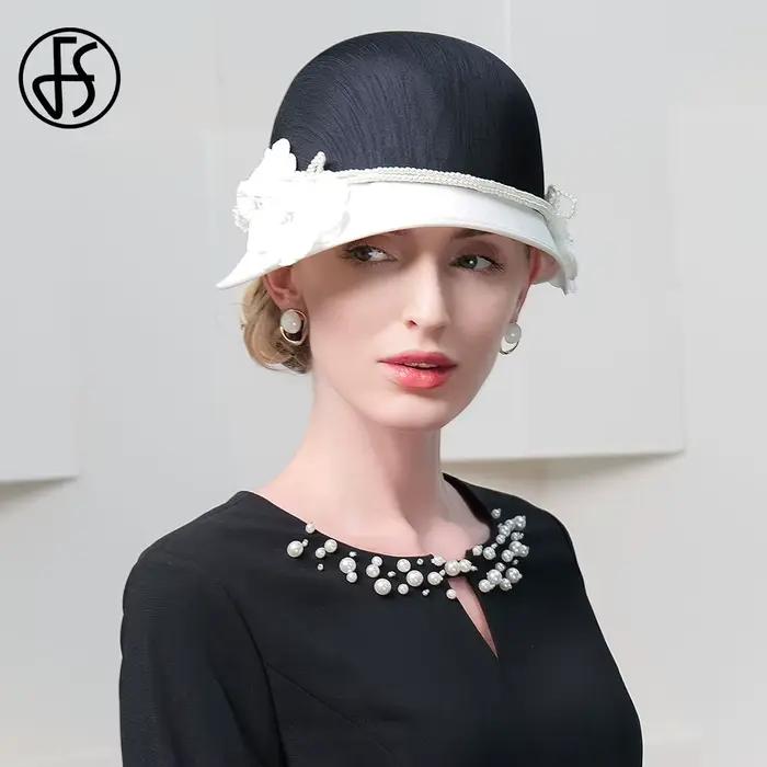 FS élégant blanc noir chapeaux avec fleur britannique haut-de-forme dames Vintage Cocktail casquette de fête de mariage église chapellerie 2025 hiver