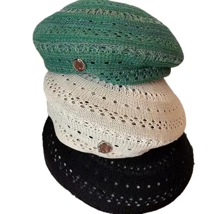 Béret tricoté ajouré rétro pour femme, chapeau d'artiste tendance amincissant le visage, design mode été, polyvalent pour sorties décontractées, été et printemps