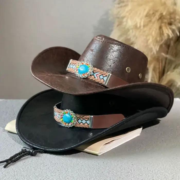 Chapeau de cowboy western en cuir PU tendance à large bord avec cordon de serrage