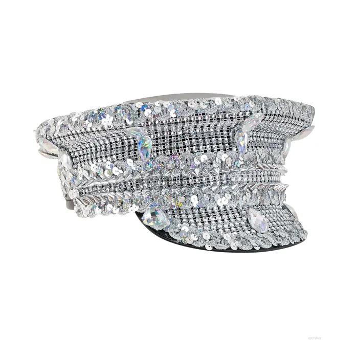 Chapeau de mariage en cuir argenté à paillettes et diamants